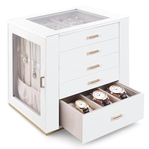 GUOER Jewelry Box 5 Layer for Women, Glass Lid Jewelry Organizer with 5 Drawers for Necklaces Rings Earrings Bracelets, Functional PU Leather Jewelry Storage Case Holder (White) - color: White