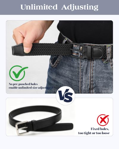 LEACOOLKEY Women Men Braided Stretchy Woven Belt for Jeans Pants Casual Golf Fabric Elastic Belt Width 1.3" - color: Black, size: Fit waist size 36"-39"