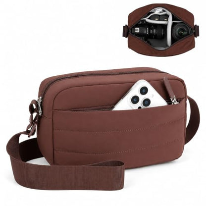 FHELAD Small Crossbody Bag for Women, Compact Puffer Camera Bag With Padded and Theft Zipper for Photographer, Travel (Coffee) - color: Coffee