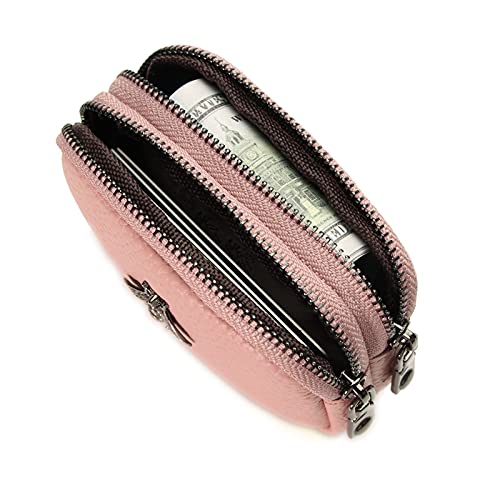 Genuine Leather Coin Purse for Women Small Double Zipper Wallet Mini Change Pouch with Bee Charm for Cash Cards Keys Cute Compact Organizer (Pink) - color: Pink