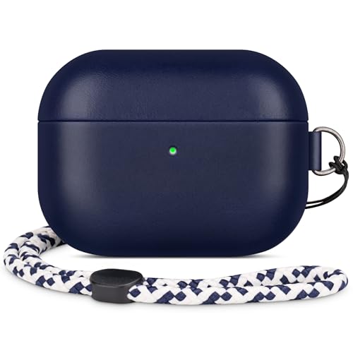 Genuine Veg-Tanned Leather Case Cover for Apple AirPods Pro 2/1 | Elegant Style with Lanyard, Full-Grain Leather, Sync Button, Grow Dark with Patina, Compatible with MagSafe, Blue - color: Blue, size: AirPods Pro 2/1