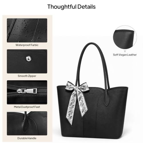 Work Tote Bag for Women, Laptop Tote Fits 15.6Inch Computer,Faux Leather Office Bag with Bottle Holder Shoulder Handbags - color: Black