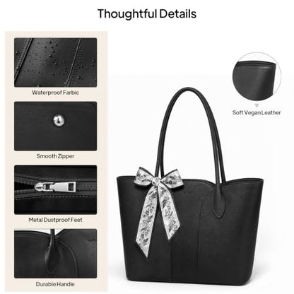Work Tote Bag for Women, Laptop Tote Fits 15.6Inch Computer,Faux Leather Office Bag with Bottle Holder Shoulder Handbags - color: Black