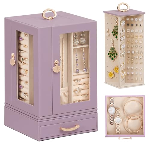 Luxury Jewelry Box for Women: 360° Rotating with Clear Window | Compact Jewelry Storage with Drawer - Necklace Ring Organizer with Compartments - Elegant Earring Holder Display Great Gift - color: Grey Purple