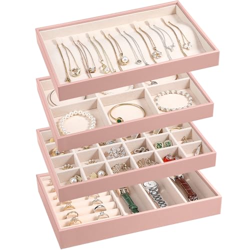 LANDICI 4-Piece Stackable PU Leather Jewelry Organizer Trays, Pink | Four stackable PU leather trays with flannel lining, ring rolls, necklace hooks and removable dividers for customized storage - color: Pink