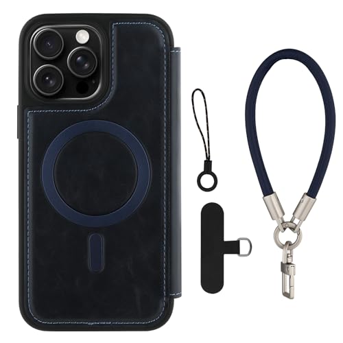 Wallet Phone Case Crafted for iPhone 16 Pro Max Blue | PU Leather Phone Case Flip Cover Wrist Strap Card Holder Slots - color: Blue-2, size: iPhone 17 Pro Max