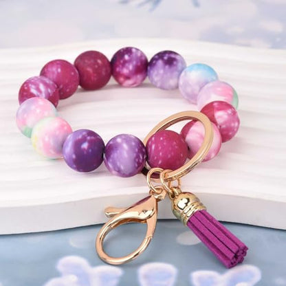 BAOSIWA Silicone Beaded Keychain Wristlet Key Ring Bracelet Cute Car Key Chain Holder for Women Girls - color: Galaxy