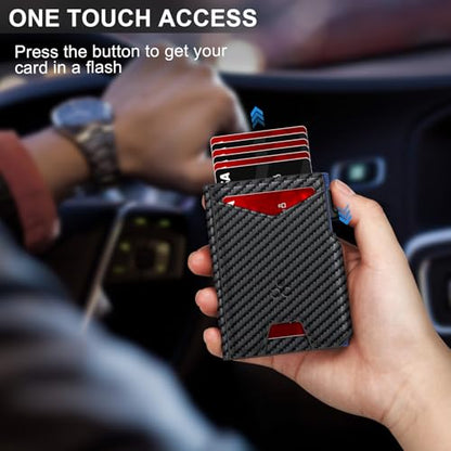 Wallet for Men Wallet with Slim Pop Up Card Holder 9-13 Cards, Bifold Minimalist Smart Wallet RFID Blocking Credit Card Holder with ID Window & Stretchable Cash Slot Compact Metal Aluminum Card Case - color: Carbon Fiber + Blue