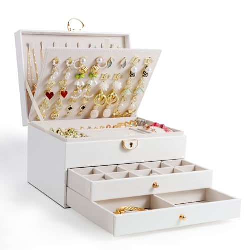 Jewelry Box, 3-Layer Jewelry Boxes for Women, Stud Earings Holder Jewelry Organizers and Storage with Removable Jewelry Tray, PU Leather Vintage Quilted Top Lockable Jewelry Holder Gift Idea - color: White