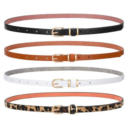4 Pack Women Thin Belts for Jeans Dresses Coats Skinny Women Belt with Gold Alloy Buckle - color: A-4 Pack(black+brown+white+leopard), size: M:Fits pants size 30"-36"
