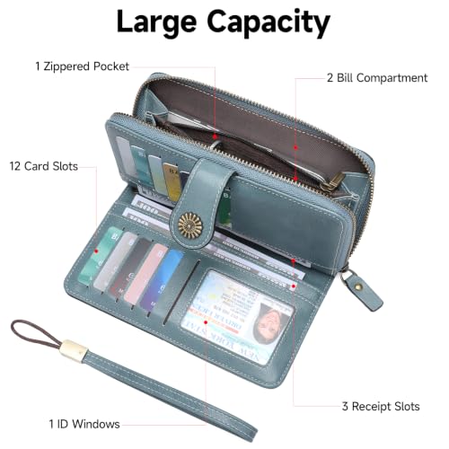 Wristlet Wallets for Women Leather Credit Card Holder Bifold | RFID Blocking, Large Capacity, Ladies Phone Clutch Purse with Zippered Coin Pocket - color: A08 Light Blue