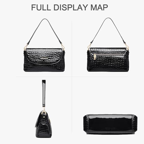 Genuine Leather Shoulder Bag for Women Black Shoulder Bag with Adjustable Strap - color: Black