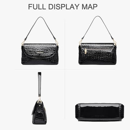 Genuine Leather Shoulder Bag for Women Black Shoulder Bag with Adjustable Strap - color: Black
