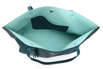 Dreubea Women's Soft Faux Leather Tote Shoulder Bag from, Big Capacity Tassel Handbag - color: Dark Teal
