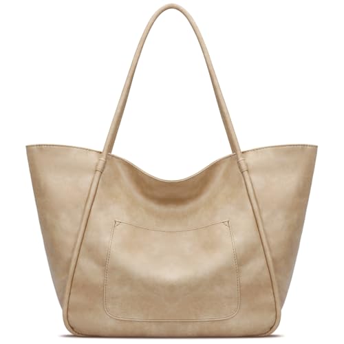 KKXIU Large Tote Bag for Women with Zipper Work Leather Travel Purse and Handbags - color: Beige