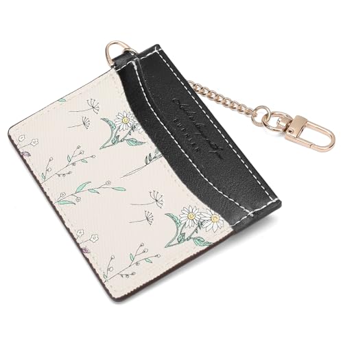 SENDEFN Slim Credit Card Holder for Women Flower Front Pocket Wallet Case with Keychain - color: 3-Black