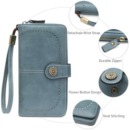 Wristlet Wallets for Women Leather Credit Card Holder Bifold | RFID Blocking, Large Capacity, Ladies Phone Clutch Purse with Zippered Coin Pocket - color: A08 Light Blue