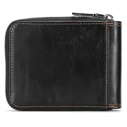 LUKZIJAES Mens Wallets Genuine Leather RFID Blocking with Zipper Wallet for Men Large Capacity 14 Card Slots, ID Window & Coin Pocket for Travel (#15-Black) - color: #15-Black