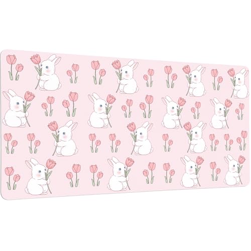 Pink Bunny Tulip Desk Mat, Cute Extended Gaming Keyboard Mouse Pad, Large Office Desk Cover Mat Pad Deskmat, Non-Slip Leather Home Office Desk Mat Protector 31.5"×15.7" - color: Pink Bunny, size: 31.5" x 15.7"