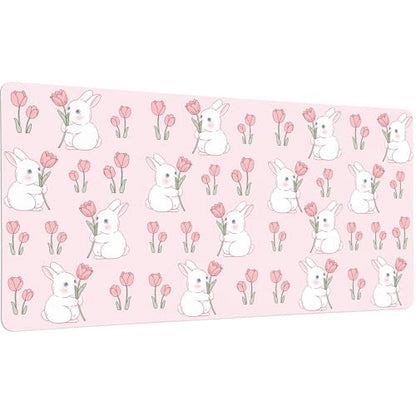 Pink Bunny Tulip Desk Mat, Cute Extended Gaming Keyboard Mouse Pad, Large Office Desk Cover Mat Pad Deskmat, Non-Slip Leather Home Office Desk Mat Protector 31.5"×15.7" - color: Pink Bunny, size: 31.5" x 15.7"