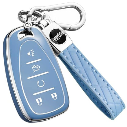 Key Fob Cover for Chevy - Premium Soft TPU Shell Full Protection Case with Keychain, Fits Equinox Malibu Traverse Cruze Blazer Camaro Trailblazer Spark Sonic Volt Bolt Trax, Blue 5-Button - color: Blue, size: 5 Buttons