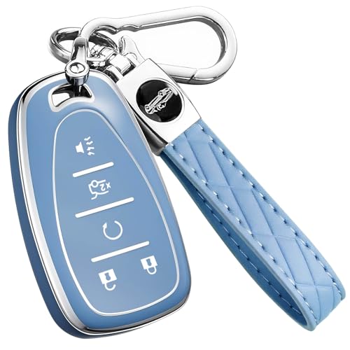 Key Fob Cover for Chevy - Premium Soft TPU Shell Full Protection Case with Keychain, Fits Equinox Malibu Traverse Cruze Blazer Camaro Trailblazer Spark Sonic Volt Bolt Trax, Blue 5-Button - color: Blue, size: 5 Buttons