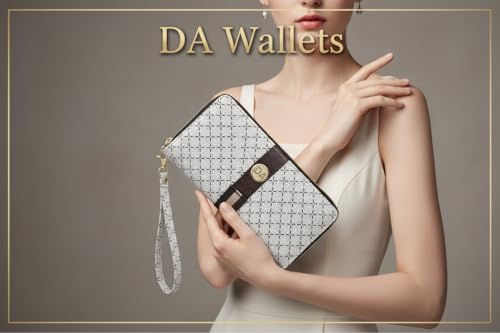 Women's Designer Wallet RFID Blocking DA Leather Wallets Large Phone Holder Wristlet wallets for women - color: Beige & Brown