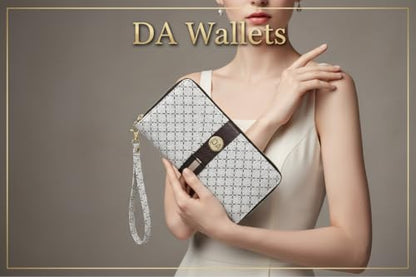 Women's Designer Wallet RFID Blocking DA Leather Wallets Large Phone Holder Wristlet wallets for women - color: Beige & Brown