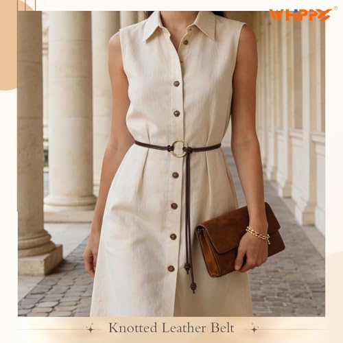 WHIPPY Women Skinny Leather Belts for Dresses Boho Thin Leather Knotted Waist Belt - color: Coffee, size: Fit Waist Size up to 35"