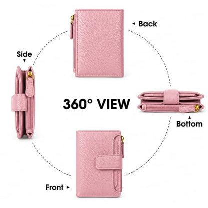 Small Wallet for Women, Compact Bifold Card Holder | Zipper Coin Pocket, 10 Card Slots, ID Window, Snap Closure, Slim Mini Wallet for Purse and Travel - color: Pink