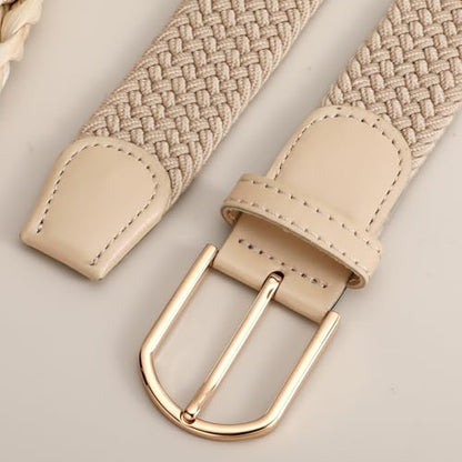 Women Braided Stretch Belts Elastic Canvas Woven Belts For Jeans Pants - color: A-khaki-gold Buckle, size: S: Fit Waist 29-33 Inches
