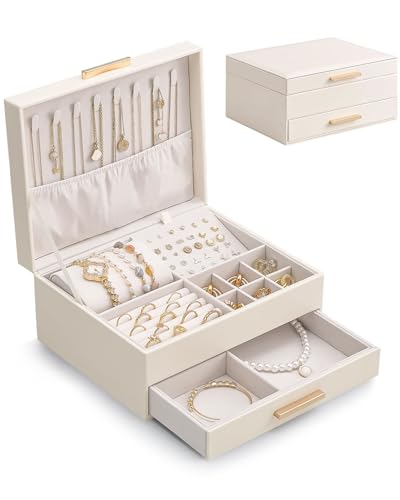 Lolalet 2-Layer Jewelry Box Organizer Holder for Women Girls Mom -Beige | Jewelry Storage Case with Drawers for Necklaces Ring Earrings Bracelet Watch, Gifts Choice for Mom Mother’s Day - color: Beige, size: 2-Layer