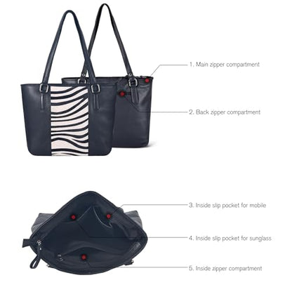 Genuine Leather Purse For Women - Tote Shoulder Handbag - Work & Casual Bag - color: Black/Zebra