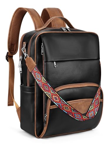 SYTRAH Leather Laptop Backpack for Women, 15.6 inch Computer Daypack Brown | Vegan Leather with dedicated 15.6" Laptop Compartment, 9-Pocket Organizer, Breathable Mesh Strap, Work & Travel - color: Black Brown