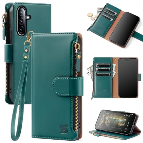 Shieldtop Compatible with Samsung Galaxy A36 5G/A56 5G Wallet Case with Card Holder,PU Leather Phone Case Flip Protective Cover Wrist Strap Zipper Credit Card Slots RFID Blocking Women Men,Blue Green - color: Blue Green