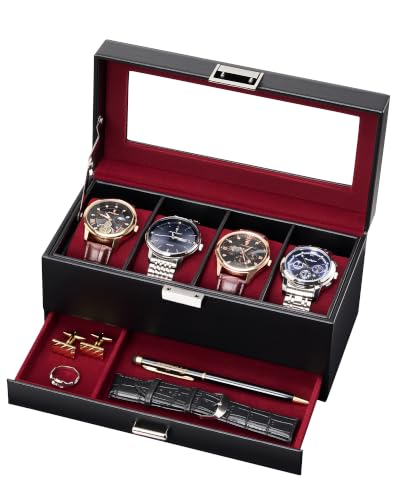 Lolalet 4-Slot Watch Case for Men, Mens Jewelry Box with Glass Lid -Winered | Watch & Jewelry Box with Drawer, Easy-Clean PU Leather, Soft Removable Pillow, Home Organizer&Display, Dust-Proof, Men's Gift - color: Winered, size: 4-slot