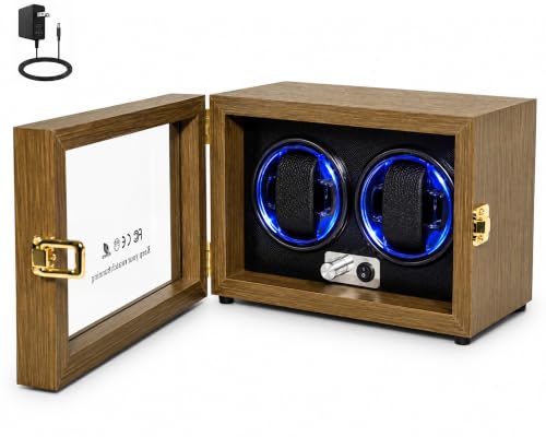 Watch Winder for Automatic Watches, Walnut Double Winding Watch Box with Japanese Quiet Motor & Blue LED for Rolex and Auto Watches, 2 Slots Rotating Watch Case Used for Storage, Display & Gift - size: 2 slots