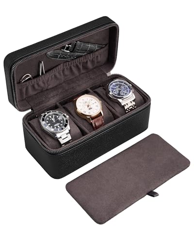 ProCase 3-Slot Watch Travel Case for Men, Portable Watch Holder -Black | PU Leather, Compact Small Travel Carrying Box, Storage Case for Luxury Watches & Smartwatches with Jewelry Compartment - color: Black, size: 3-Slot