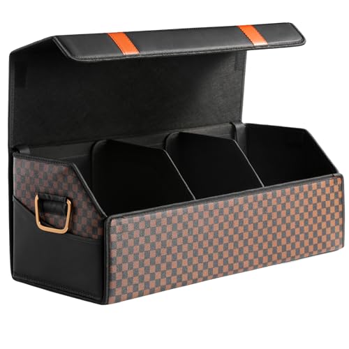 Fyzeoty Car Trunk Organizer for SUV and Sedan, Orange‑Stripe Plaid, 29.5 in | Dual‑Material Dual‑Tone Craft, Extra Large, Leather Storage Box, Magnetic Lid, Collapsible & Adj, Water‑Resist & Dust‑Proof - color: OrangeStripe-Checkered, size: Extra Large