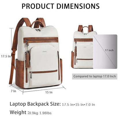 Upgraded 17 inch Leather Laptop Backpack for Women | Waterproof Vegan Leather Computer Backpack with Laptop Compartment,32L Large Capacity,Travel Work Business College - color: Beige With Brown