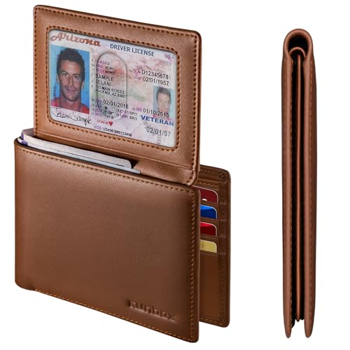 RUNBOX Wallet for Men Leather RFID Blocking Bifold Front Pocket Wallet | Genuine Leather,Slim,12 Card Slots,2 ID Windows,2 Money Pockets, Gift for Men,Compact Travel Business Passport - color: Brown