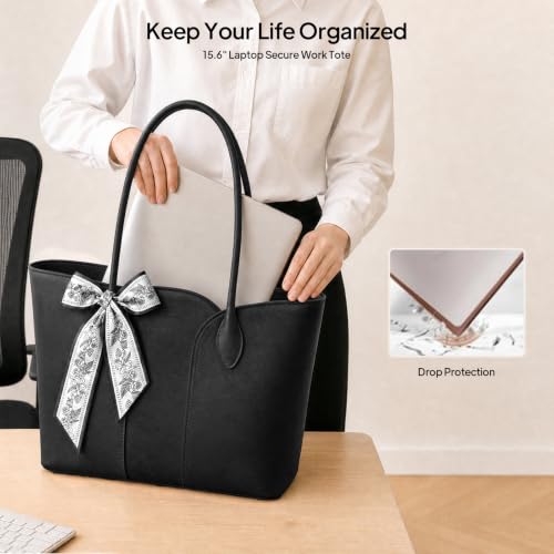 Work Tote Bag for Women, Laptop Tote Fits 15.6Inch Computer,Faux Leather Office Bag with Bottle Holder Shoulder Handbags - color: Black