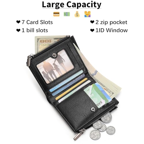 Zipper Wallet for Men Bifold Wallets with 1 ID Window 7Card Slot Coin Pocket- Big Capacity Credit Card Travel Wallet - color: A-Black