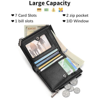 Zipper Wallet for Men Bifold Wallets with 1 ID Window 7Card Slot Coin Pocket- Big Capacity Credit Card Travel Wallet - color: A-Black