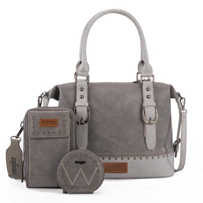 Wrangler 3Pcs Doctor Bag Sets for Women Top-handle Satchel Bag with Cell Phone Handbag and Coin Purse - color: Eye-catching Gray