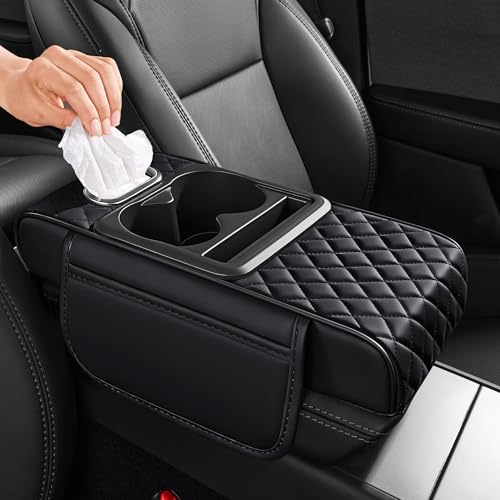 5 in 1 Nappa Leather Console Armrest Cover, Black | Built-in cup holder, tissue slot, phone holder & 2 storage pockets, practical car accessories fit SUV sedan truck - color: Black
