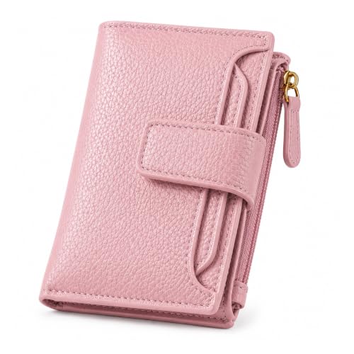 Small Wallet for Women, Compact Bifold Card Holder | Zipper Coin Pocket, 10 Card Slots, ID Window, Snap Closure, Slim Mini Wallet for Purse and Travel - color: Pink