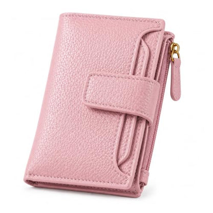 Small Wallet for Women, Compact Bifold Card Holder | Zipper Coin Pocket, 10 Card Slots, ID Window, Snap Closure, Slim Mini Wallet for Purse and Travel - color: Pink