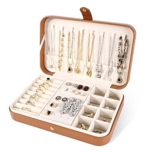 Greenfeather Jewelry Box, Jewelry Organizers and Storage Small Jewelry Boxes for Women Portable Jewelry Organizer Storage Holder Display for Ring Earrings Necklace (Brown) - color: Brown