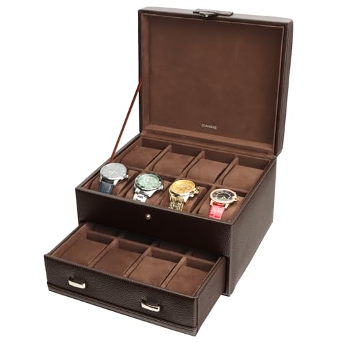 Watch Box, 16-Slot Watch Case Organizer for Men, 2 Layers (Brown) | Watch Holder Organizer, Watches Display Case, Removable Pillows, Watch Storage with Grey Lining & Black Synthetic Leather - color: Brown, size: 16 Slot